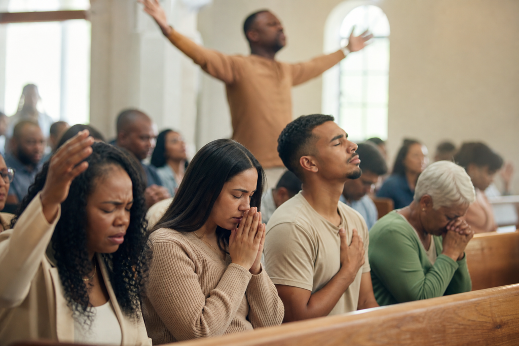 Fiéis participam de culto em igreja evangélica durante reunião religiosa