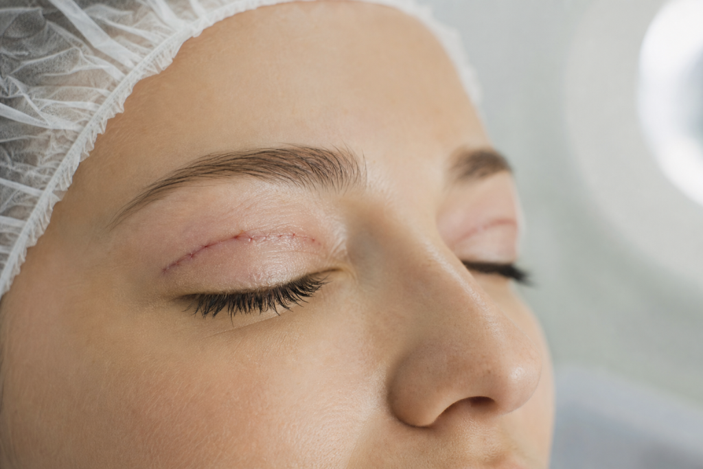 PRP durante blefaroplastia melhora qualidade das cicatrizes, aponta estudo randomizado Representação editorial de procedimento de blefaroplastia com foco na recuperação da cicatriz, sem textos ou elementos identificáveis